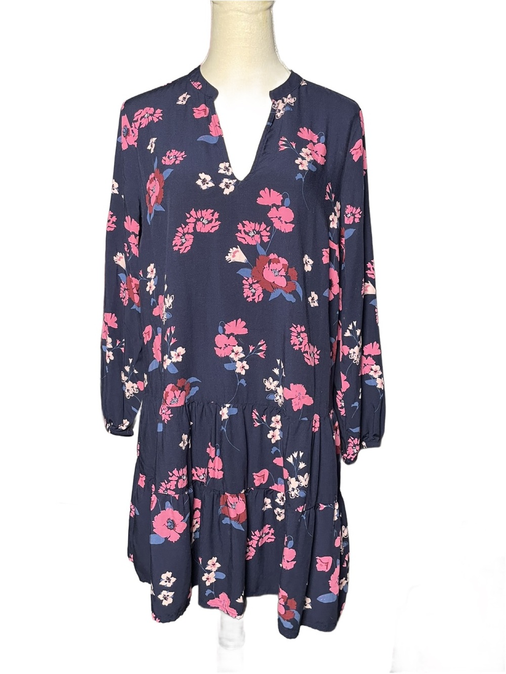 GAP Floral Navy 3/4 Sleeve Drop Waist Tiered Dress - Pink Floral (Size: Large)
